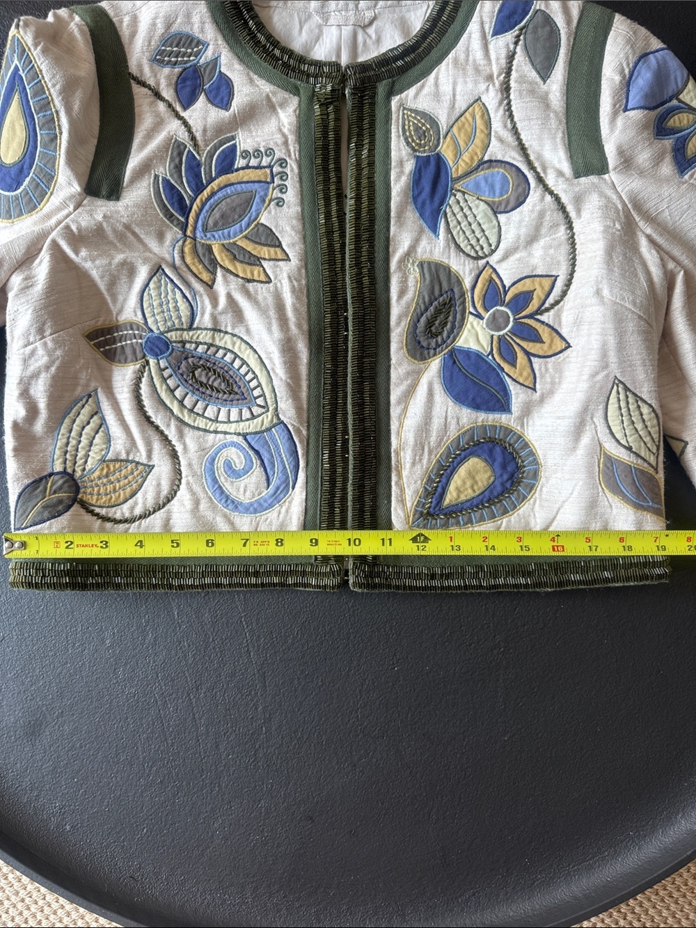 Veronica Beard Cream Cropped Jacket with Olive Trim & Blue Embroidery - Picture 7 of 8